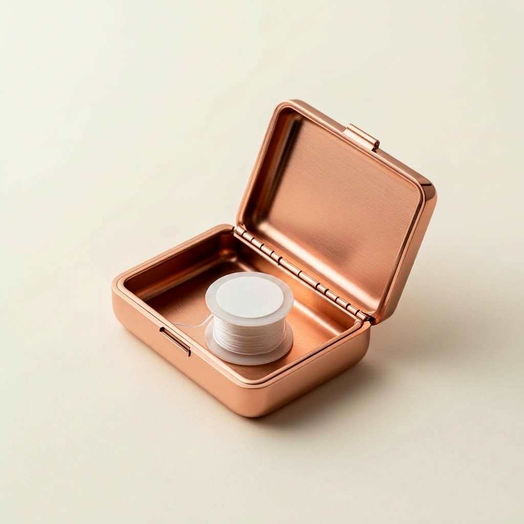 Rose gold stainless steel Nurava floss case opened, revealing the white refill spool seated inside