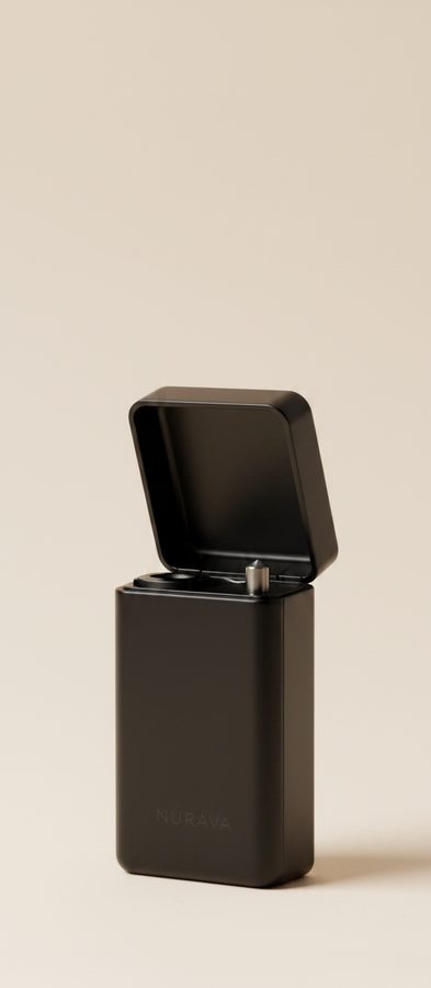 Obsidian Nurava floss case on a warm off-white background