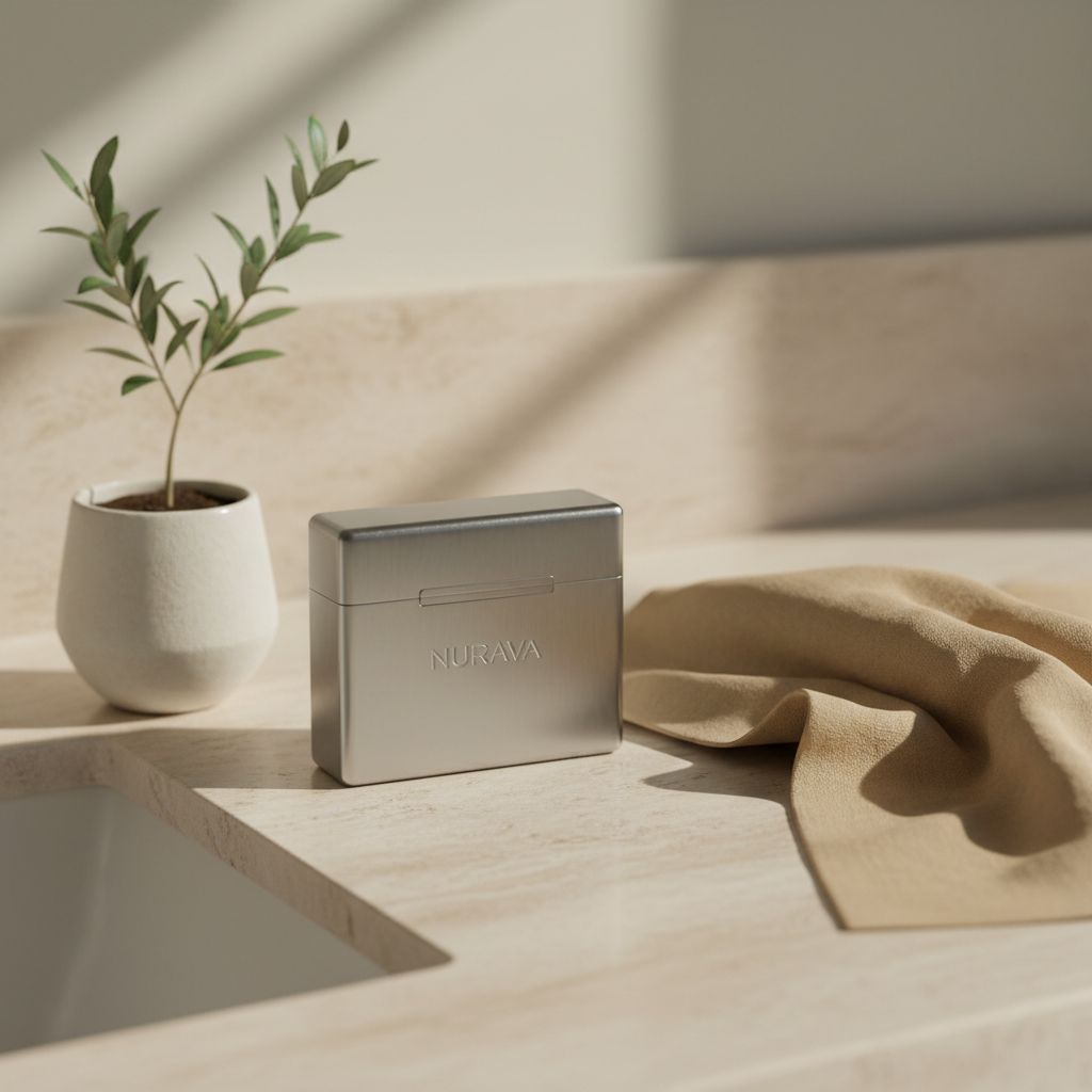 A Nurava floss case resting on a pale travertine bathroom counter beside a small olive cutting and a folded linen cloth, in soft morning light